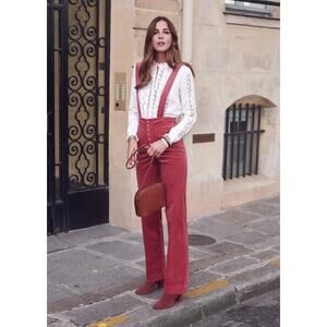 SEZANE Etienne Pants in Blush Size 4 Pink Red Corduroy Overalls High Waist Chic